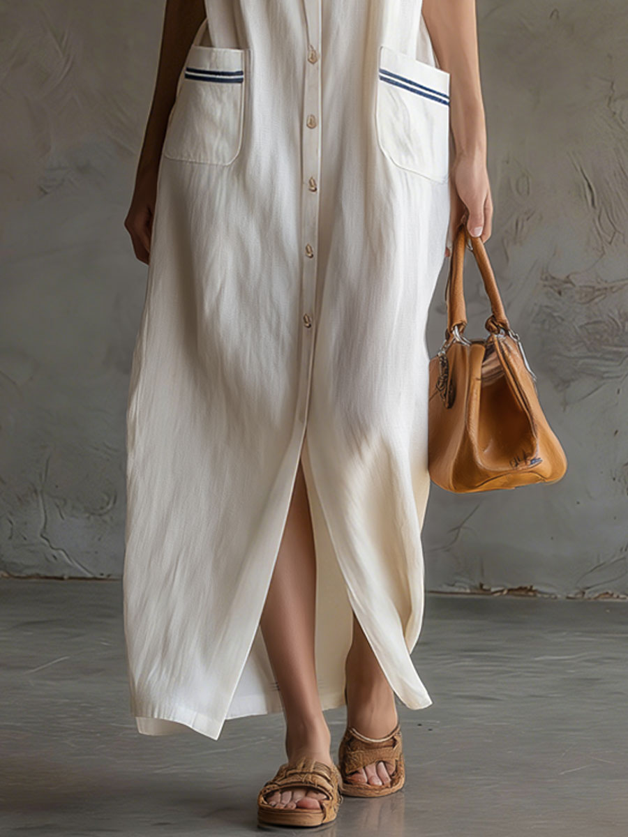 Casual Vacation Retro Striped Short-sleeved White Cotton Linen Cardigan Maxi Dress