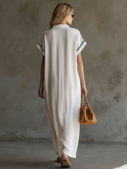 Casual Vacation Retro Striped Short-sleeved White Cotton Linen Cardigan Maxi Dress