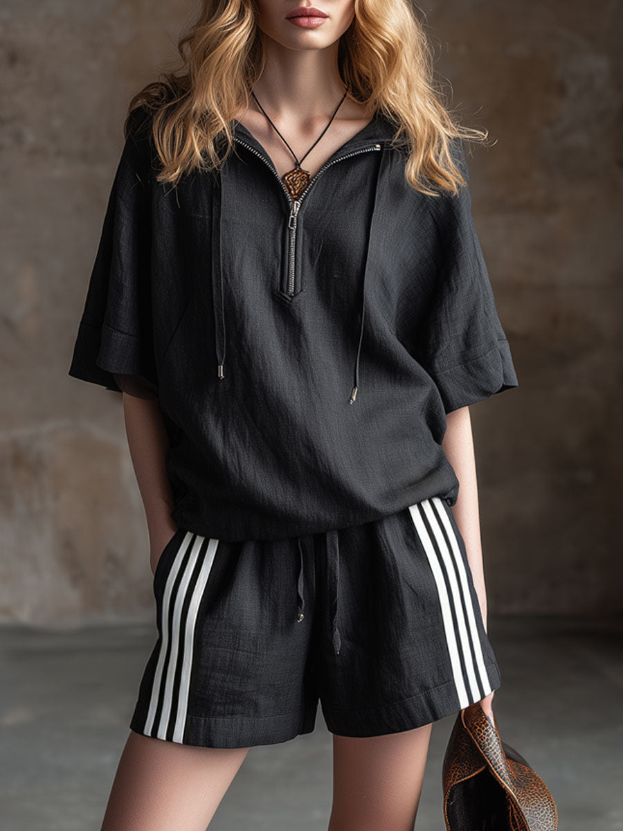 Casual Retro Black Cotton Linen Short-Sleeved Hooded Top And Striped Shorts Set