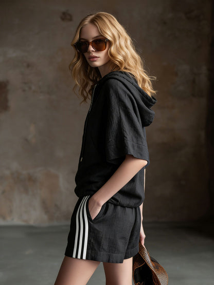 Casual Retro Black Cotton Linen Short-Sleeved Hooded Top And Striped Shorts Set