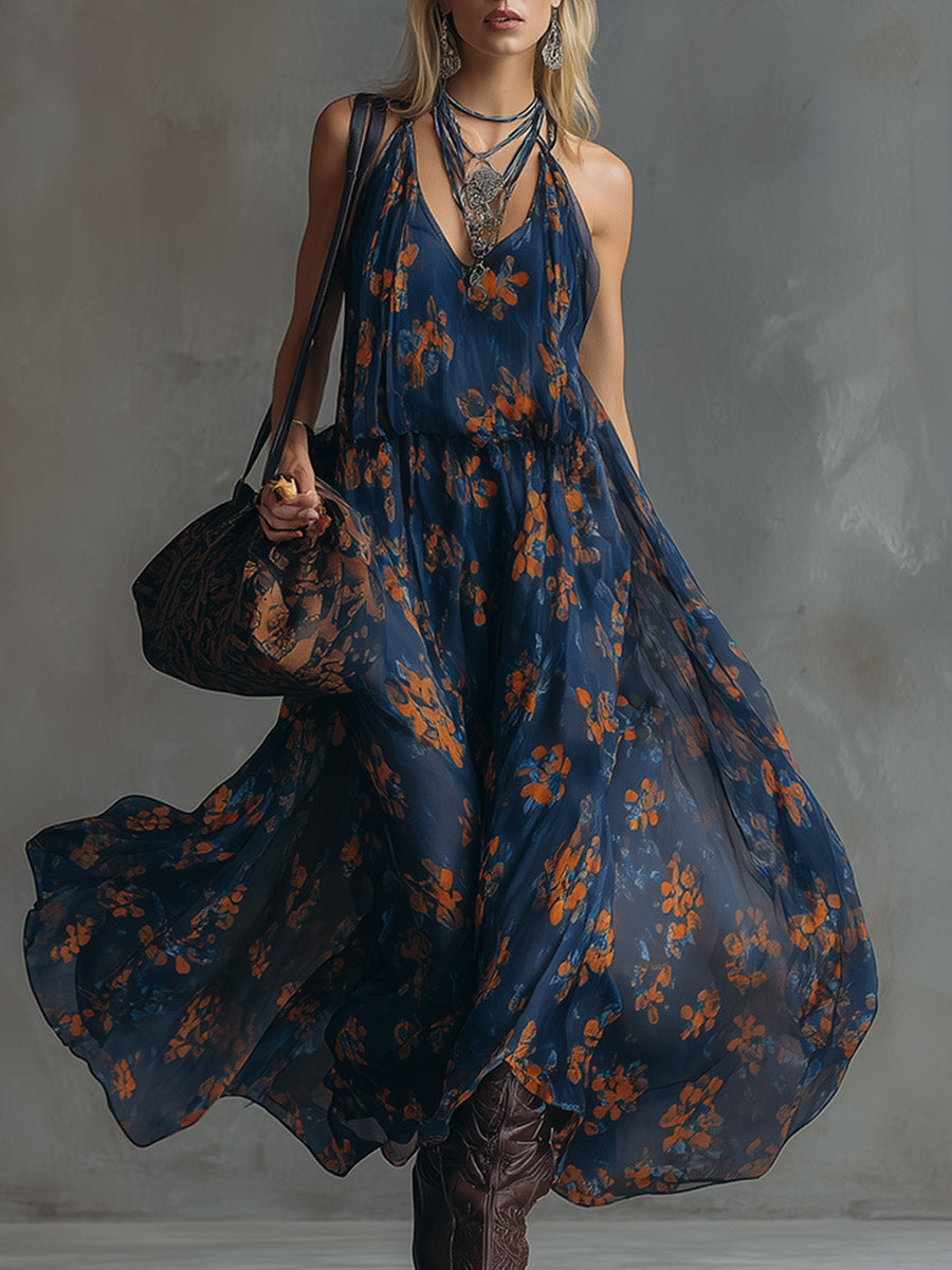Retro Color-Block Floral Print Navy Chiffon Maxi Dress