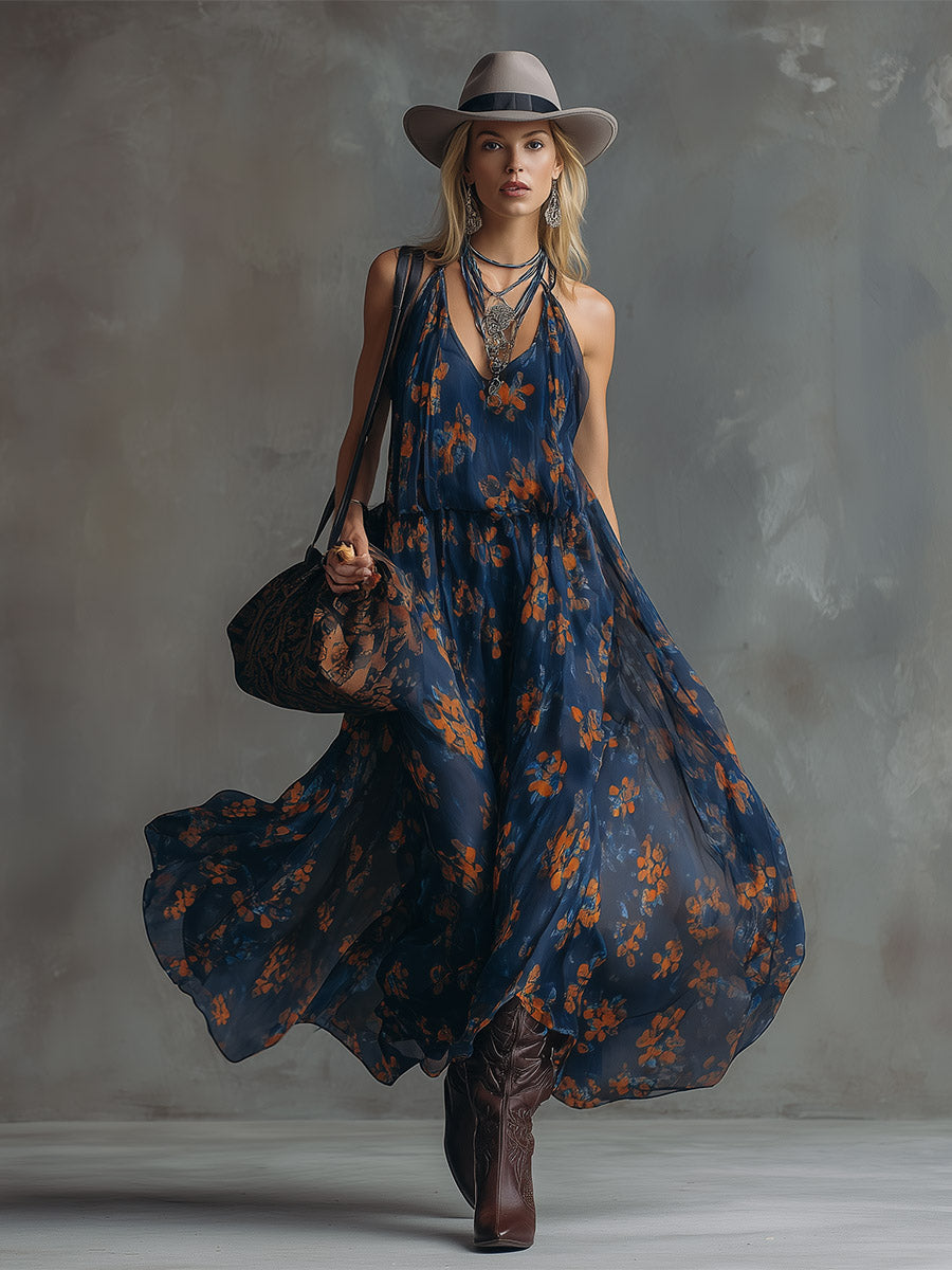 Retro Color-Block Floral Print Navy Chiffon Maxi Dress