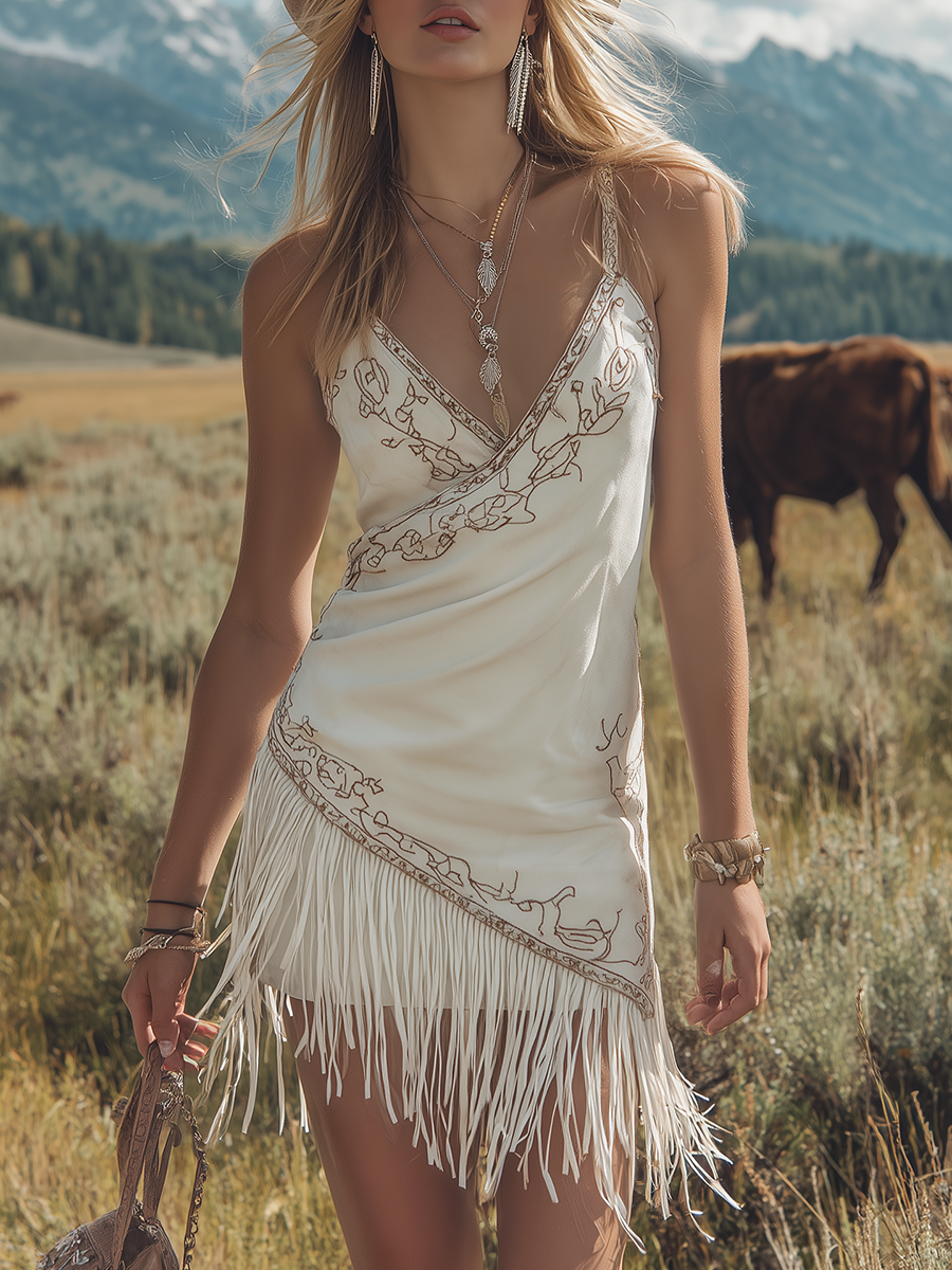 Bohemian-Style V-Neck Embroidered Sleeveless Fringed Faux Suede Mini Dress