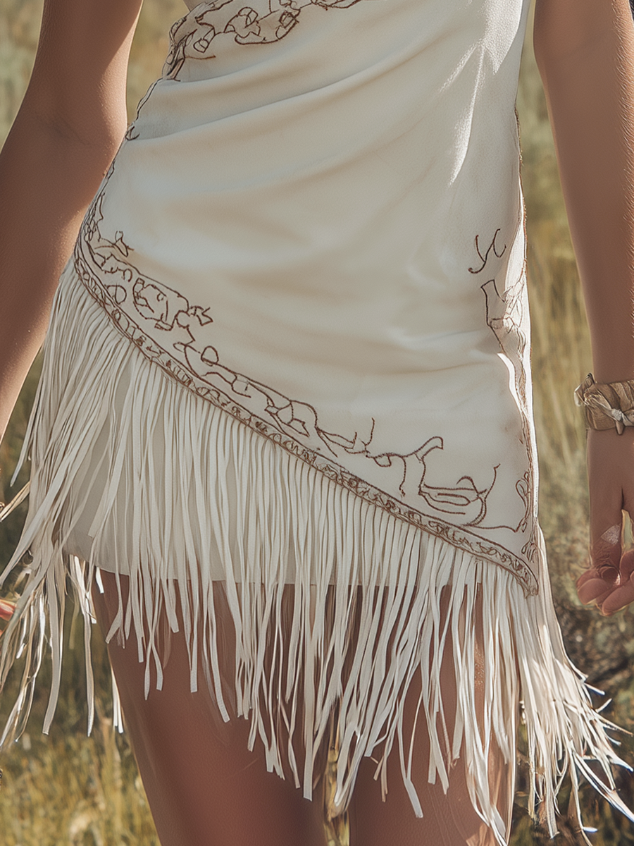 Bohemian-Style V-Neck Embroidered Sleeveless Fringed Faux Suede Mini Dress