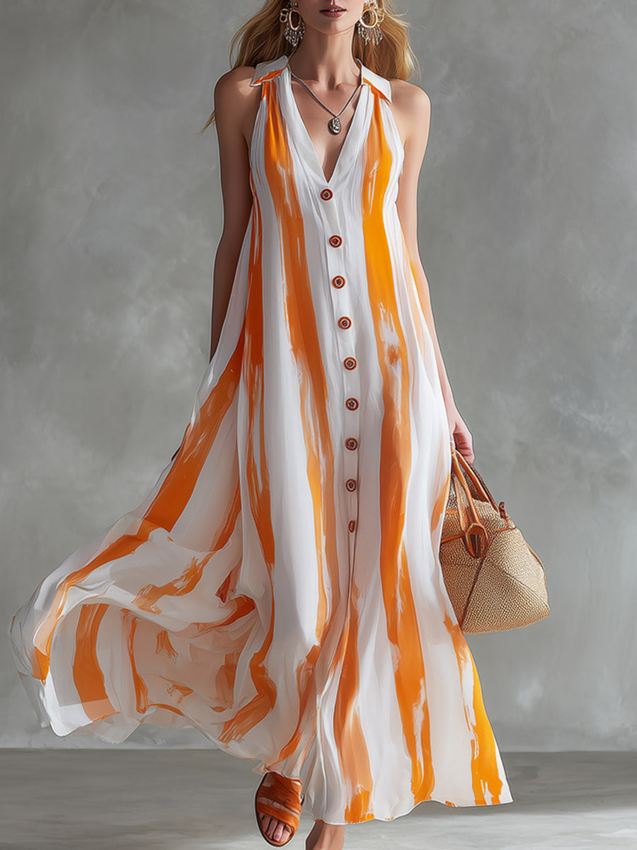 Classic And Elegant Orange Striped Chiffon Maxi Dress