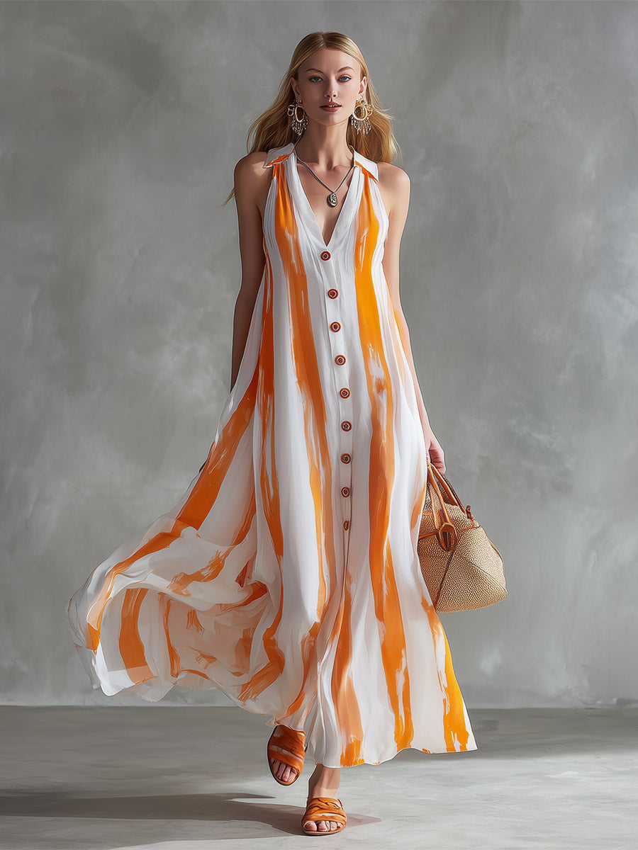 Classic And Elegant Orange Striped Chiffon Maxi Dress