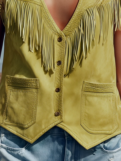 Western-style Sleeveless V-neck Tassel Solid Color Vest