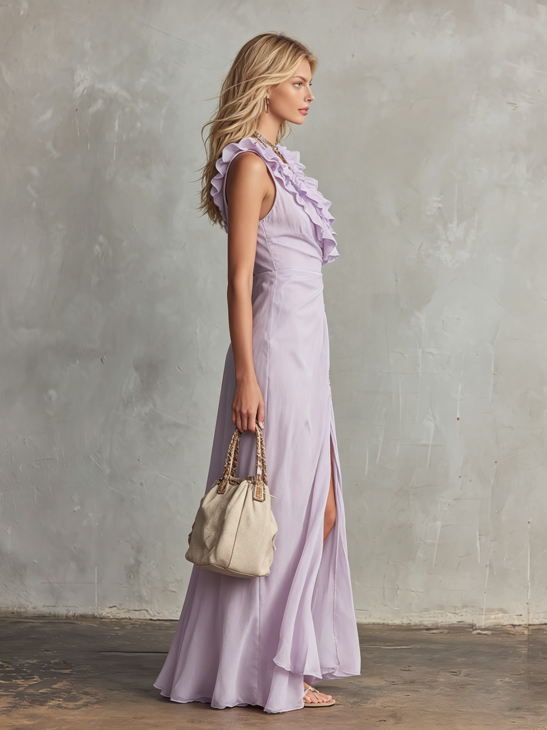 Stylish And Elegant V-neck Ruffled Sleeveless Chiffon Maxi DressStylish And Elegant V-neck Ruffled Sleeveless Chiffon Maxi Dress