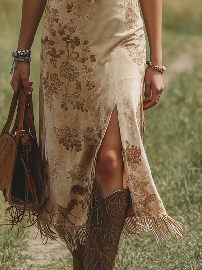Bohemian V-Neck Fringe Sleeveless Printed Faux Suede Midi Dress