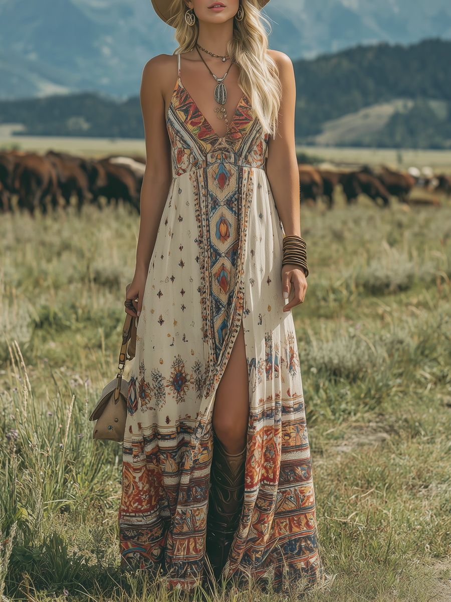 Bohemian V-neck Sleeveless Ethnic Print Chiffon Maxi Dress