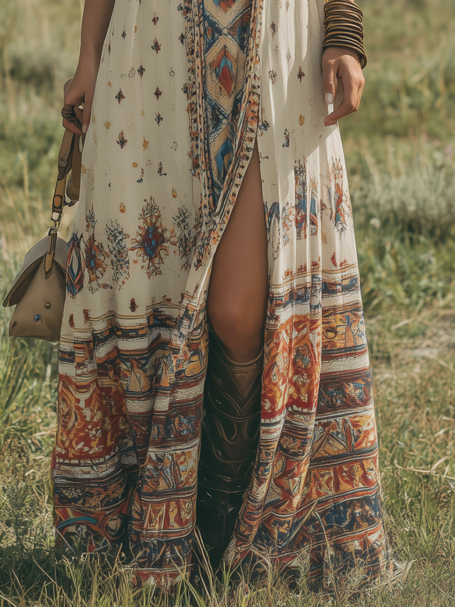 Bohemian V-neck Sleeveless Ethnic Print Chiffon Maxi Dress