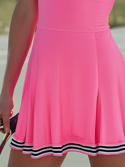 Stylish Sporty Design With Striped Collar Trim Barbie Pink Mini Dress