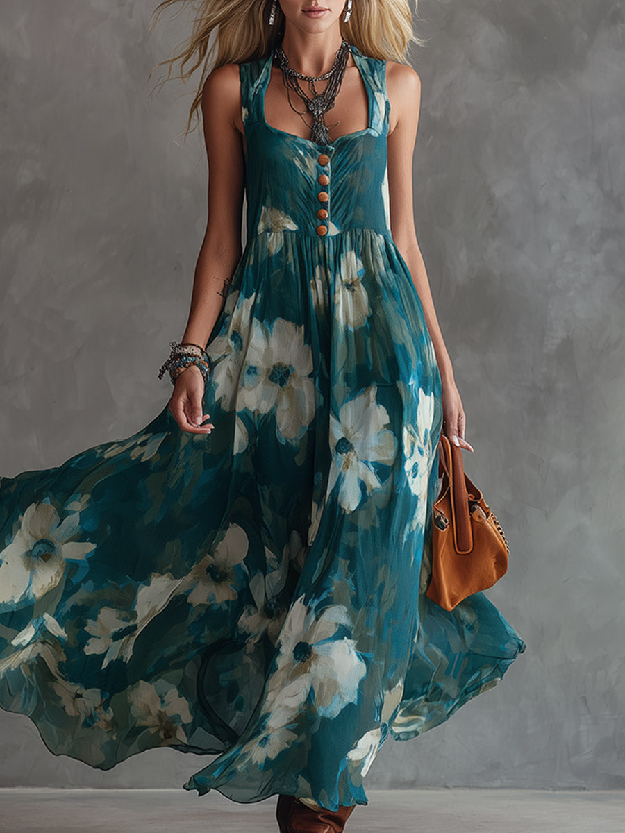 Retro Green Oil-Painting-Style Floral Print Chiffon Maxi Dress
