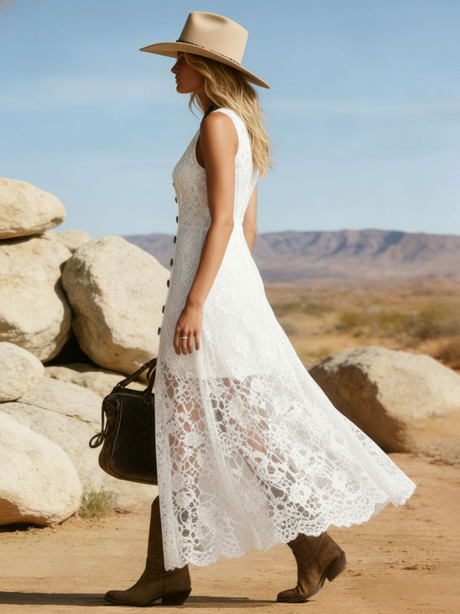 Elegant V-neck Button-down Lace Sleeveless Maxi Dress