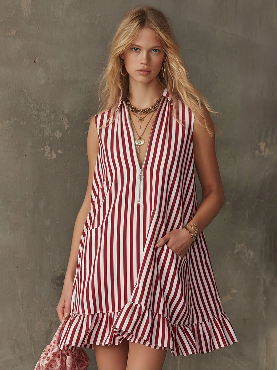 Retro Lapel Color-Block Striped Sleeveless Ruffled Mini Dress