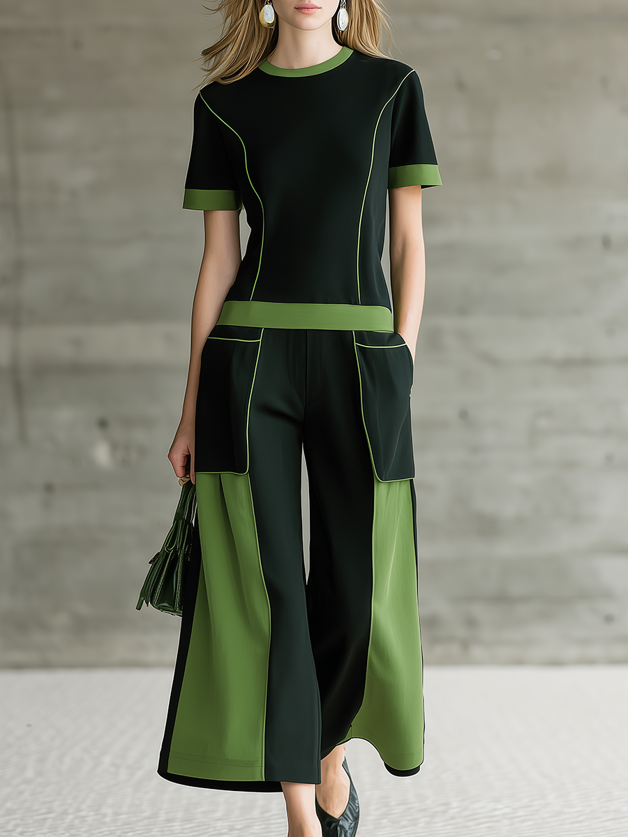 Retro Sporty Contrast Trim Short Sleeve T-Shirt And Color-Blocked Cropped Pants Set