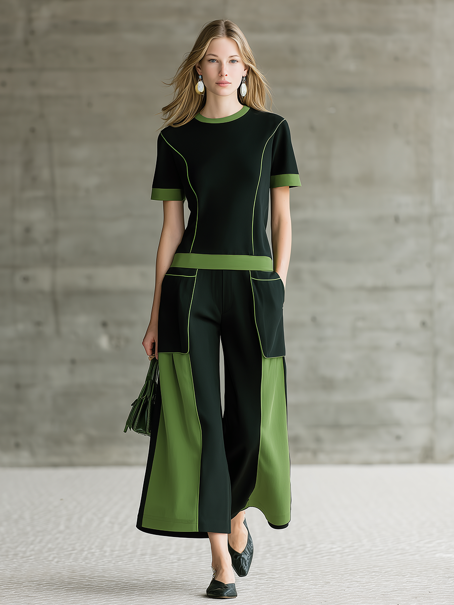 Retro Sporty Contrast Trim Short Sleeve T-Shirt And Color-Blocked Cropped Pants Set