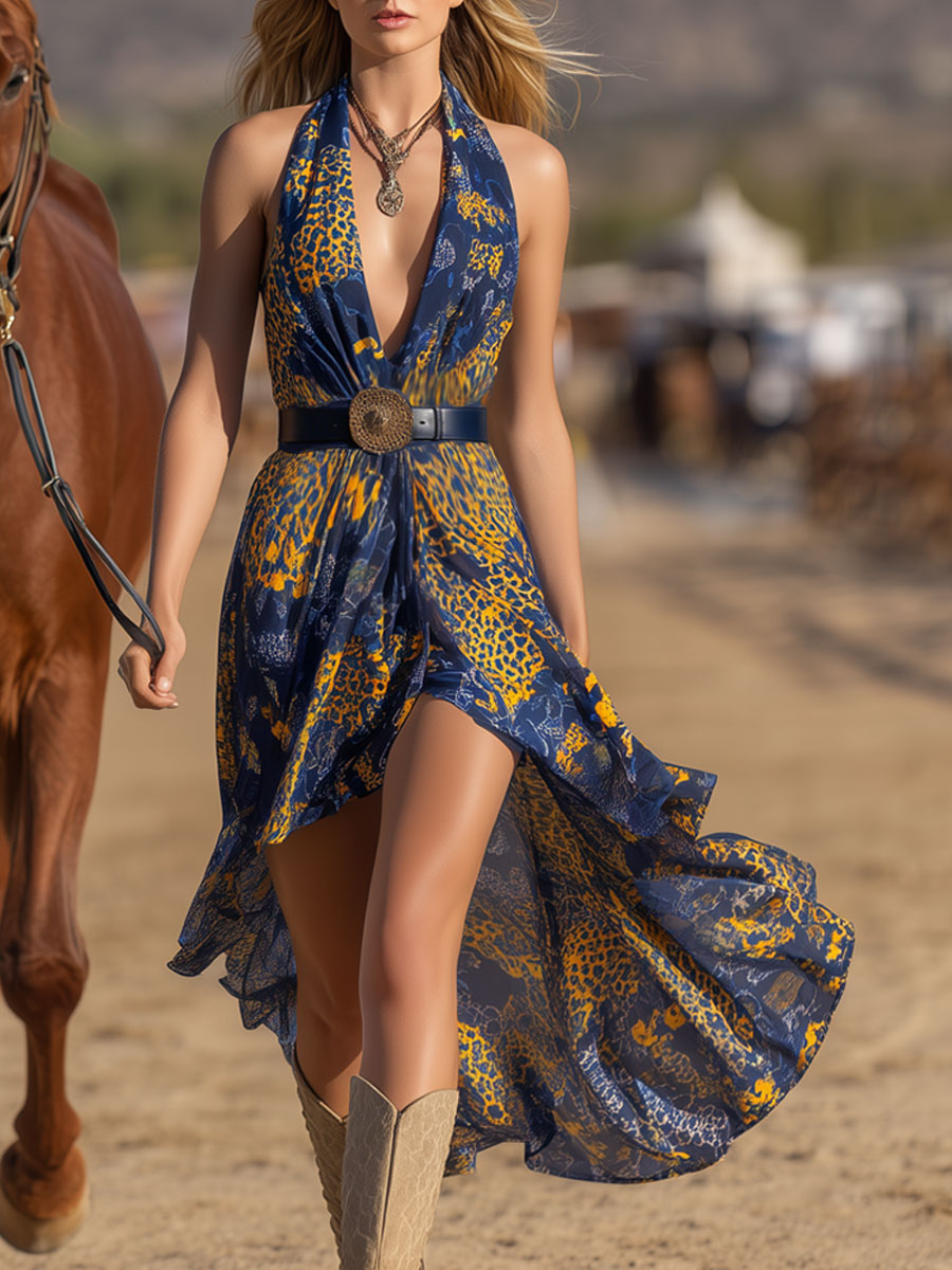 Western Bohemian Retro Yellow Leopard Print Blue Chiffon Sleeveless Midi Dress