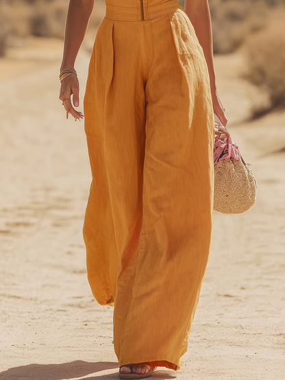 Bohemian Retro Western Lapel Sleeveless Cotton-Linen Jumpsuit