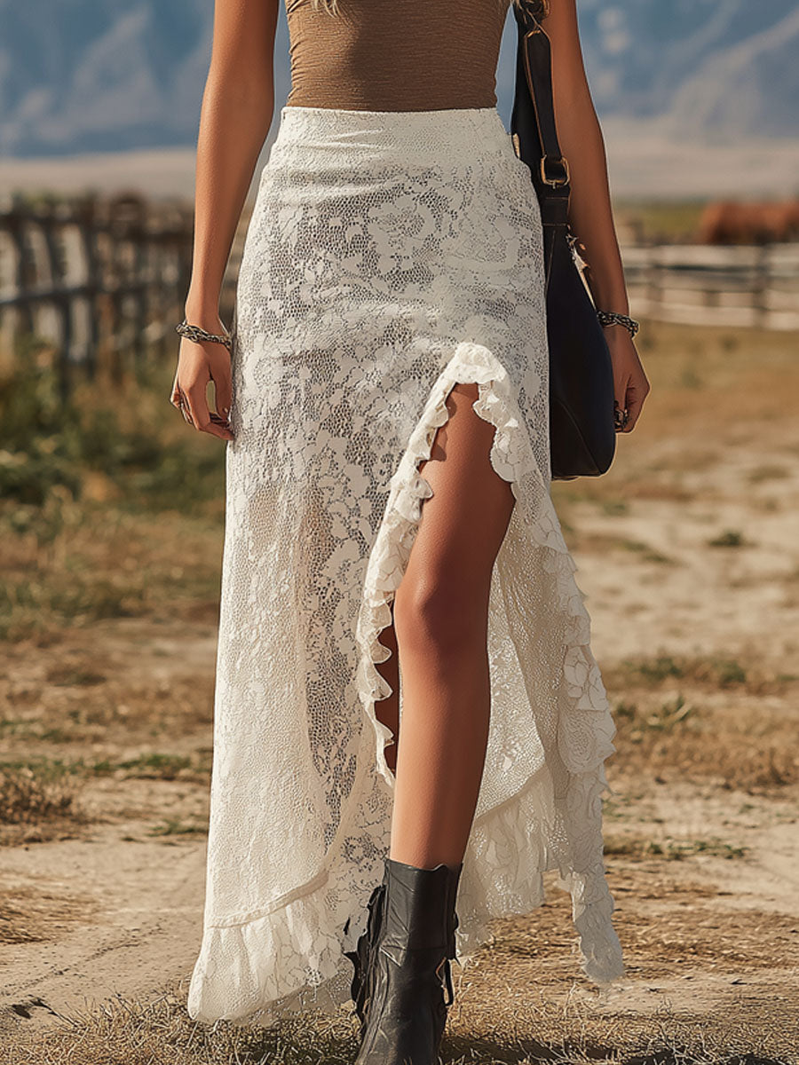 Elegant Elastic Waist Side Slit Lace Midi Skirt