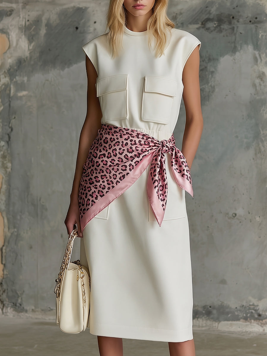 Sporty Stylish Crew Neck Sleeveless Multi-Pocket Midi Dress