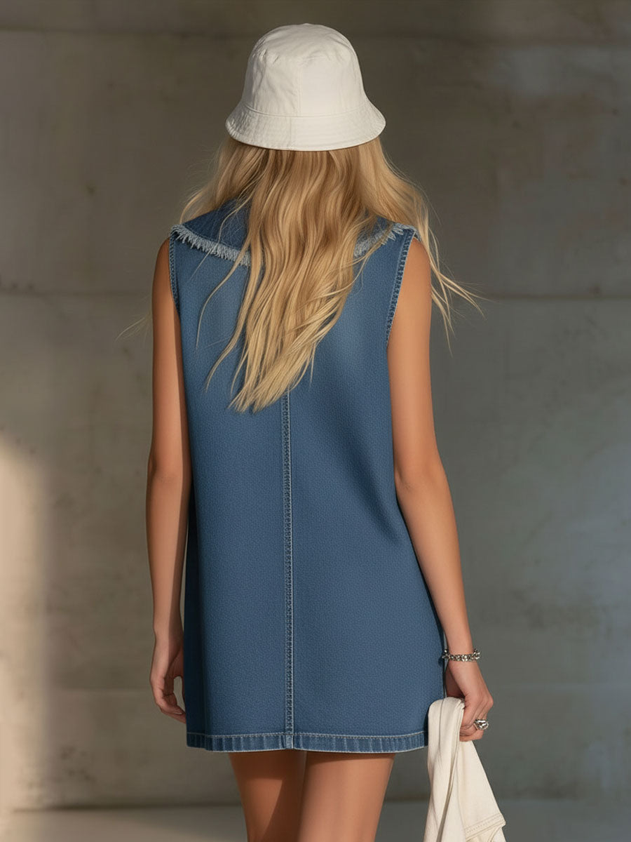 Retro-style Collared Denim Sleeveless Mini Dress
