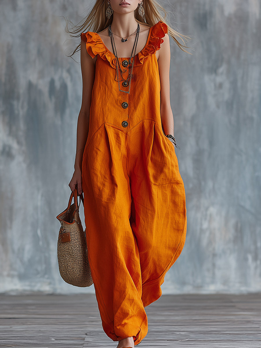 Vibrant Orange Ruffled-Strap Cotton-Linen Jumpsuit