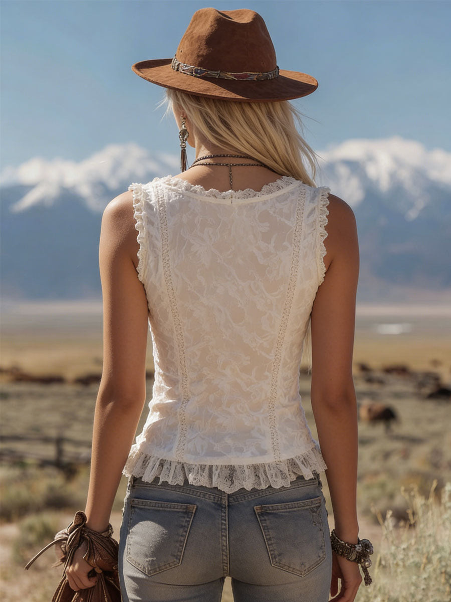 Elegant Lace Half-zip Sleeveless Tank Top