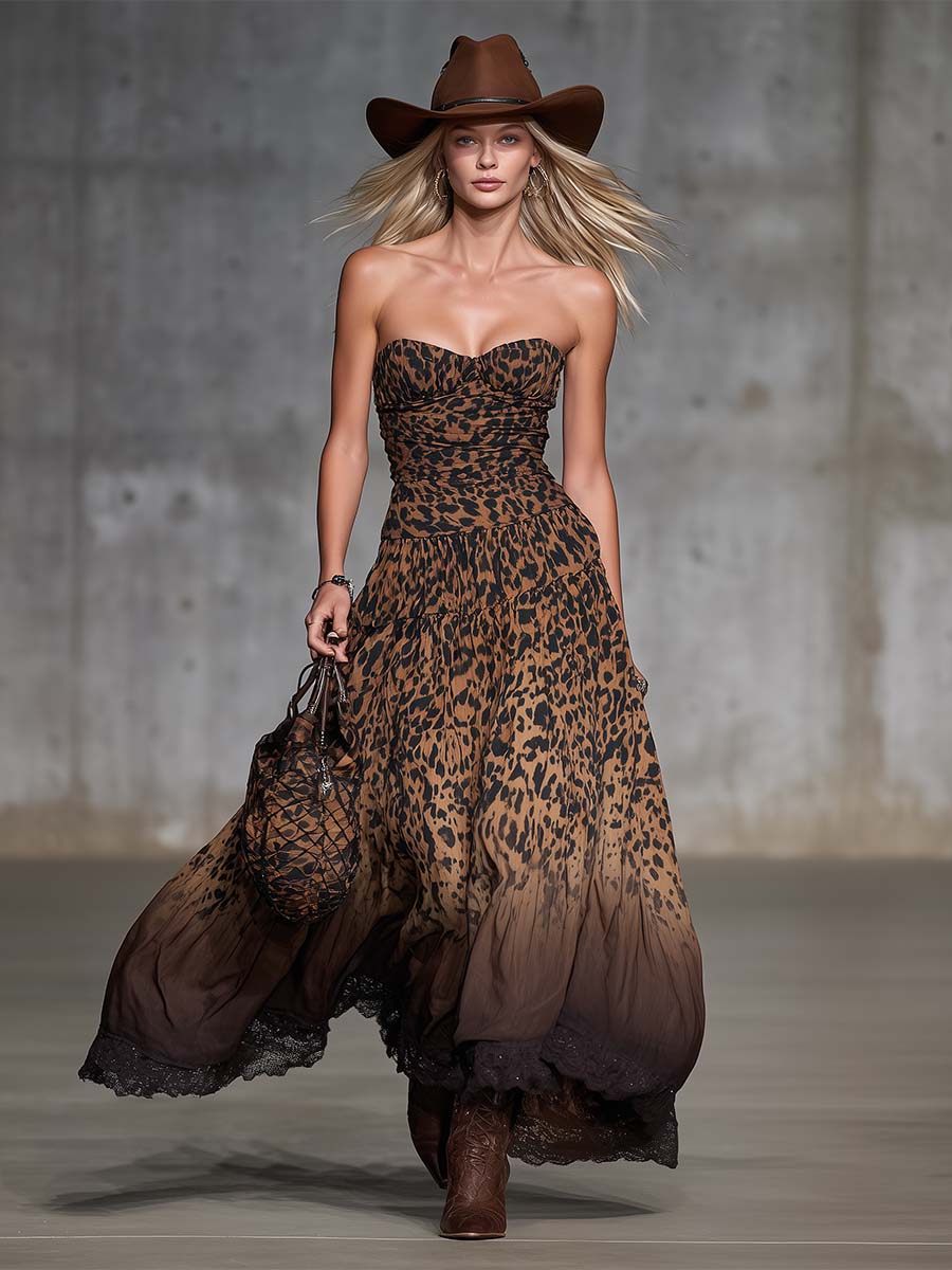 Retro Western Vacation Strapless Leopard Print Chiffon Maxi Dress