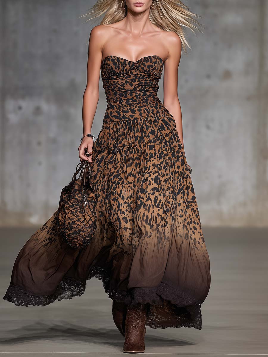 Retro Western Vacation Strapless Leopard Print Chiffon Maxi Dress