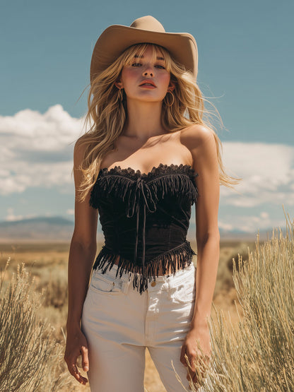 Western Bohemian Retro Lace Black Faux Suede Tassel Top