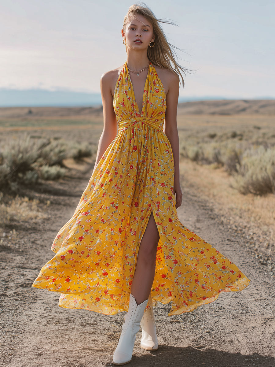 Western-style Retro Floral Yellow Fitted V-neck Sleeveless Chiffon Midi Dress