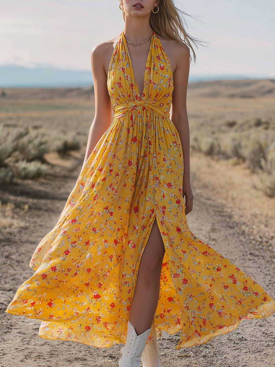 Western-style Retro Floral Yellow Fitted V-neck Sleeveless Chiffon Midi Dress