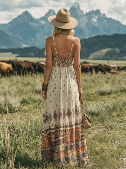 Bohemian V-neck Sleeveless Ethnic Print Chiffon Maxi Dress
