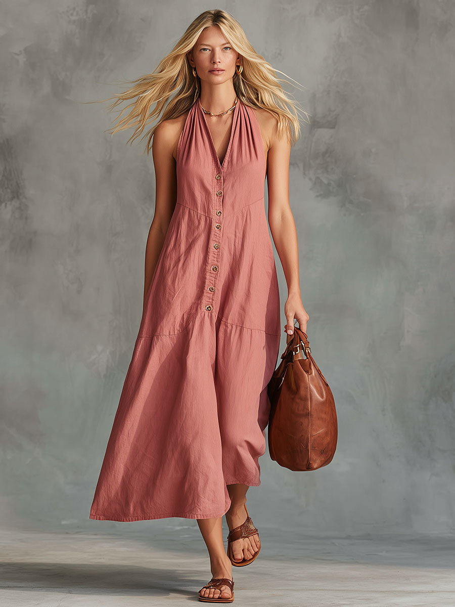 Casual Retro Pink Sleeveless Button Cotton Linen Midi Dress
