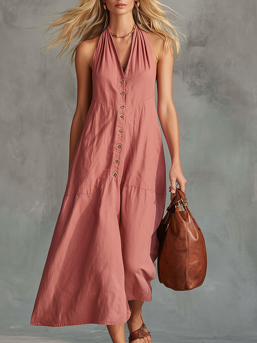 Casual Retro Pink Sleeveless Button Cotton Linen Midi Dress