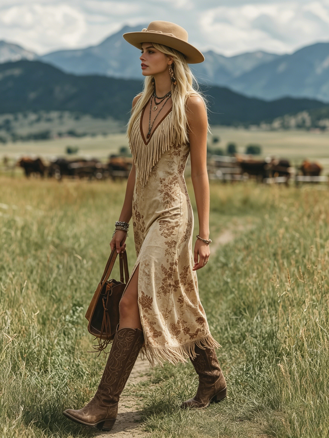 Bohemian V-Neck Fringe Sleeveless Printed Faux Suede Midi Dress