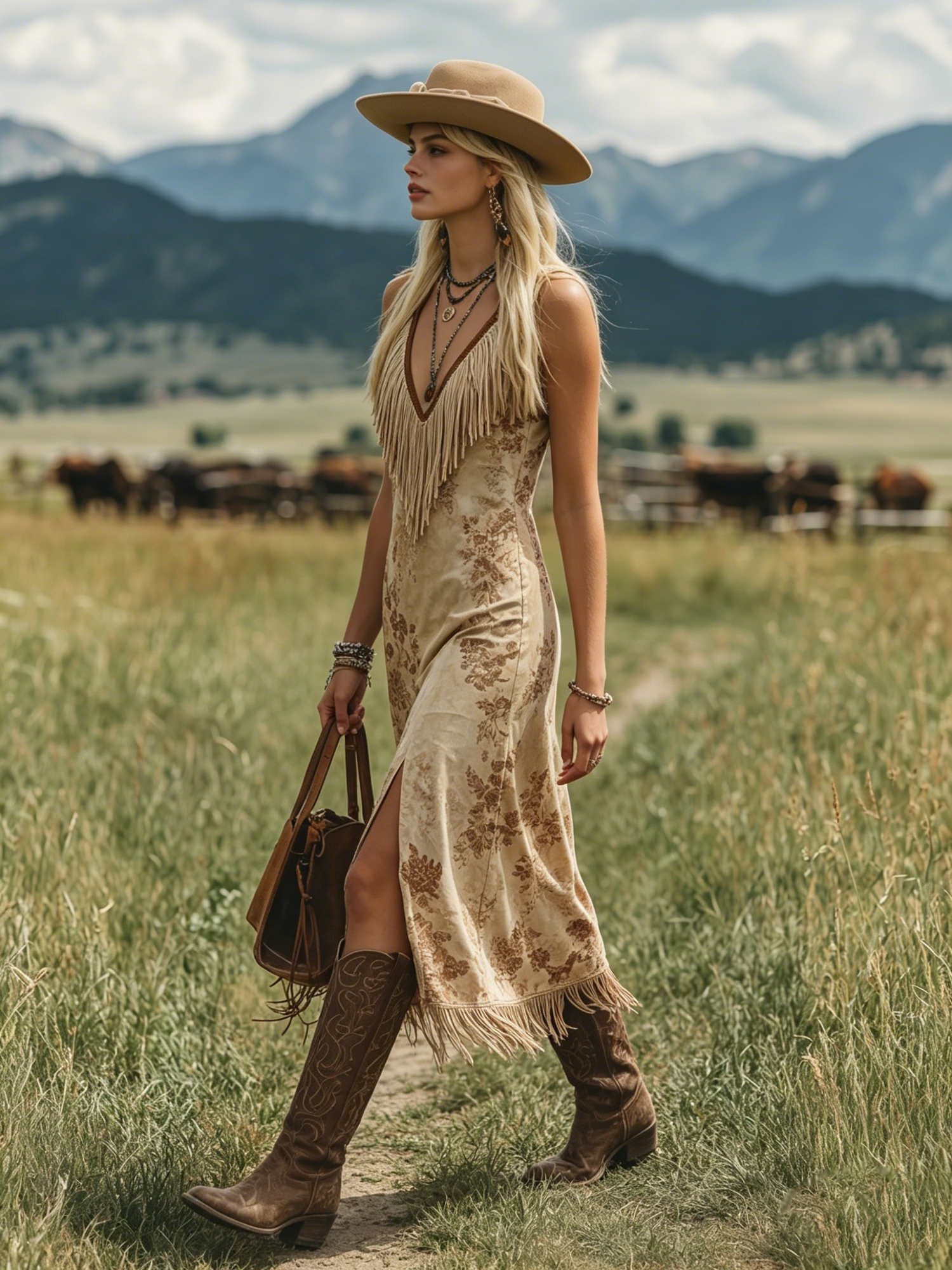 Bohemian V-Neck Fringe Sleeveless Printed Faux Suede Midi Dress