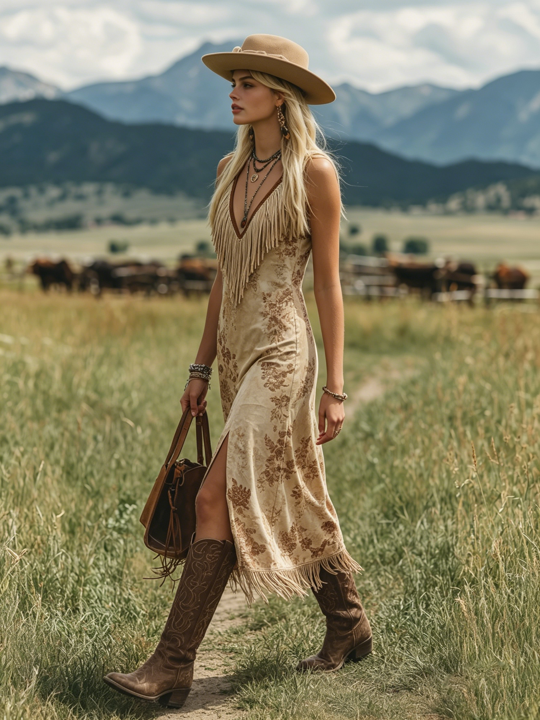 Bohemian V-Neck Fringe Sleeveless Printed Faux Suede Midi Dress