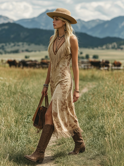 Bohemian V-Neck Fringe Sleeveless Printed Faux Suede Midi Dress