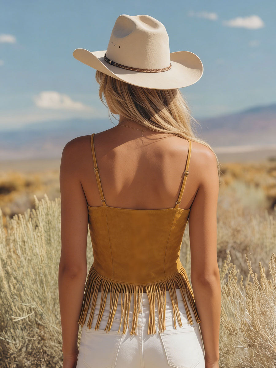 Western Bohemian Retro Embroidered Yellow Faux Suede Tassel Top