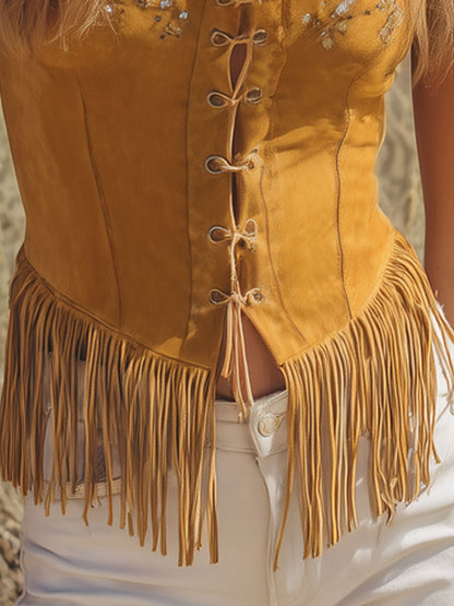 Western Bohemian Retro Embroidered Yellow Faux Suede Tassel Top