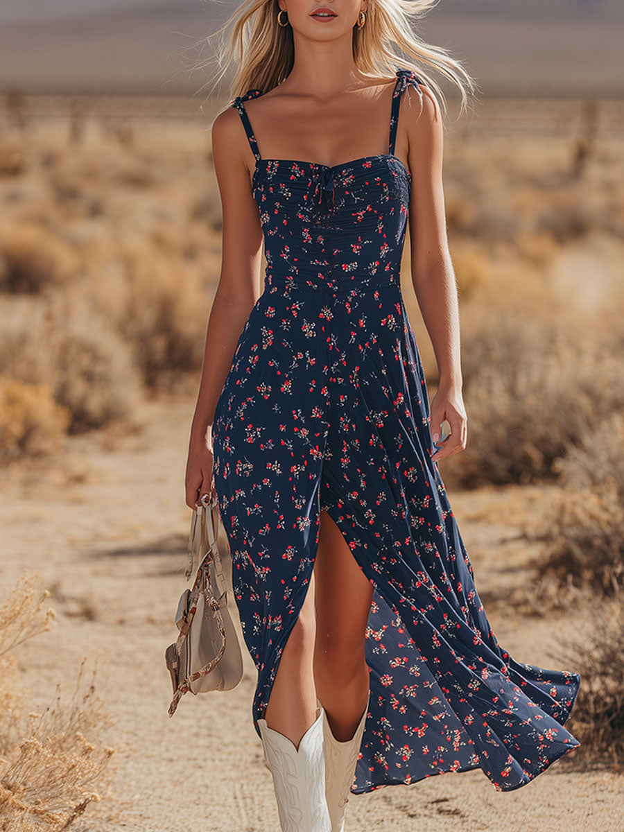 Western-style Vintage Floral Blue Spaghetti Strap Chiffon Midi Dress