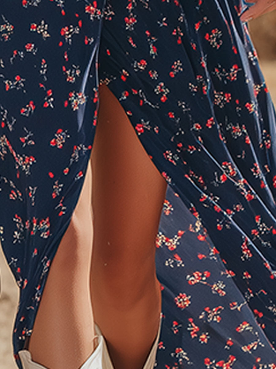 Western-style Vintage Floral Blue Spaghetti Strap Chiffon Midi Dress