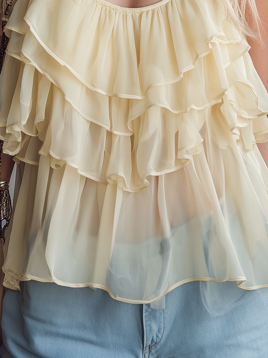 Exquisite And Beautiful Sleeveless Round Neck Layered Ruffles Chiffon Top