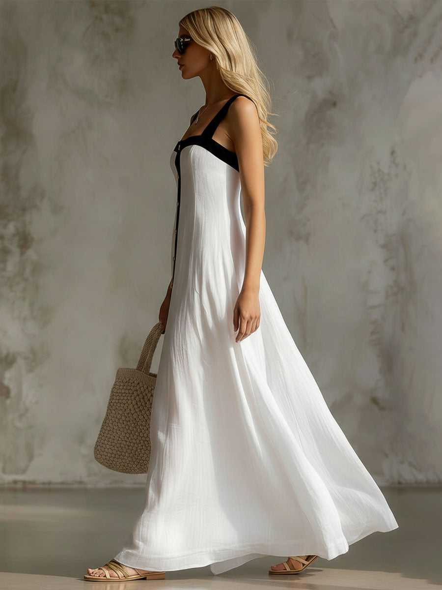 Color-blocked Wide-strap Cotton Linen Sleeveless Maxi Dress