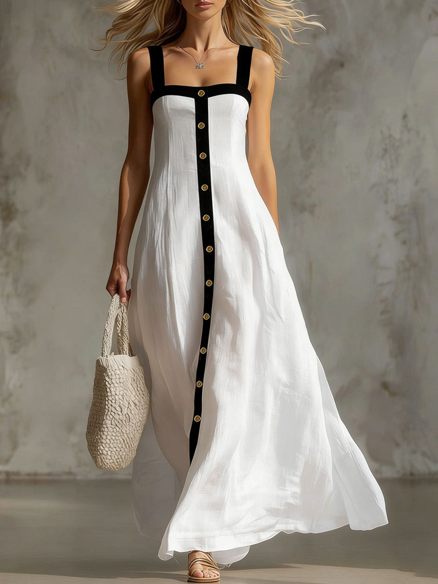 Color-blocked Wide-strap Cotton Linen Sleeveless Maxi Dress