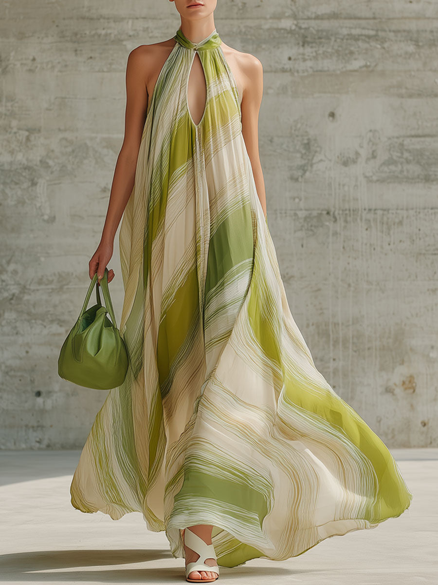 Fashionable Vacation Retro Striped Light Green Chiffon Sleeveless Maxi Dress