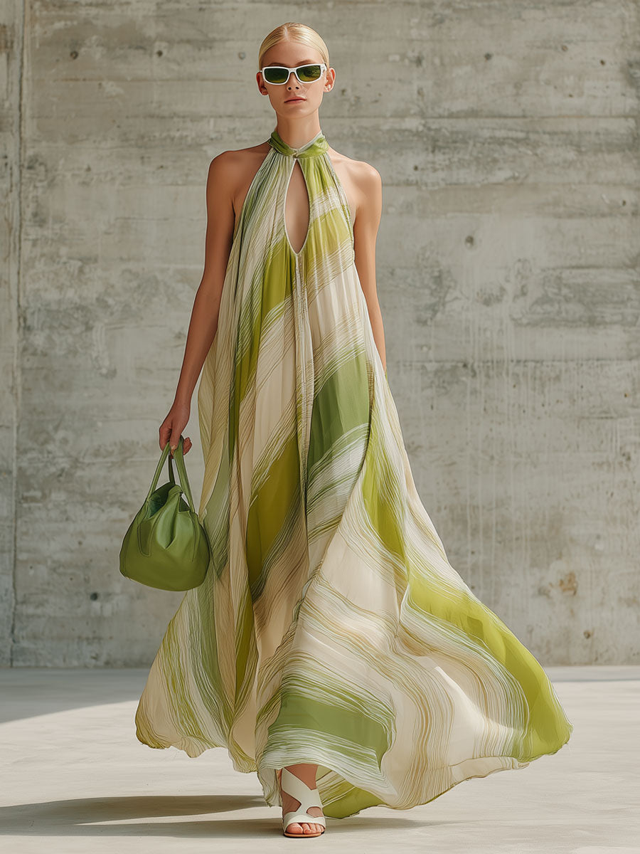 Fashionable Vacation Retro Striped Light Green Chiffon Sleeveless Maxi Dress