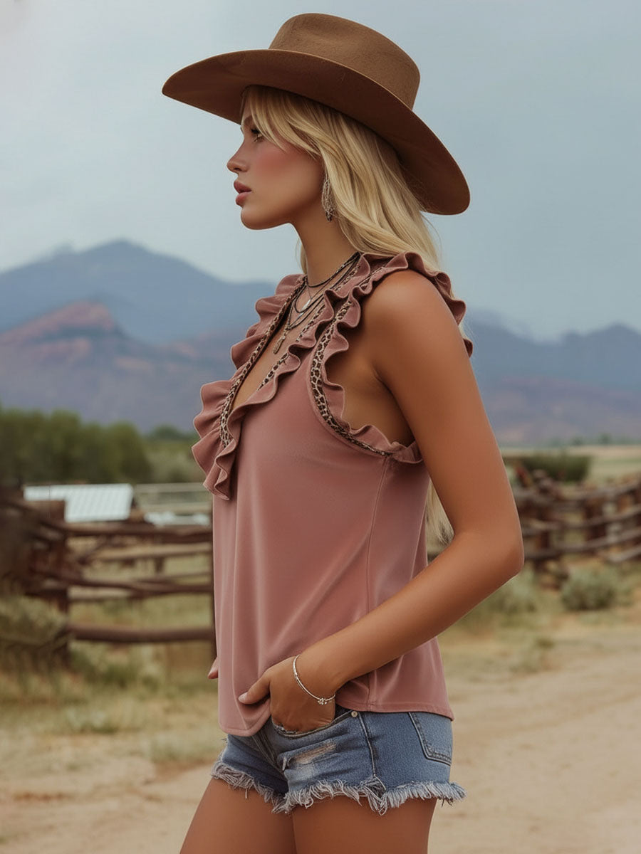 Retro V-neck Ruffled Faux Suede Tank Top